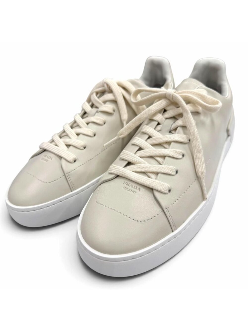 Prada Coat Leather Triangle Logo Plate Sneakers Chalk White